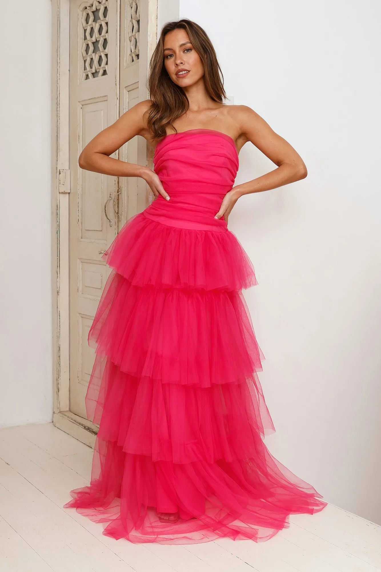 HELLO MOLLY Hidden Opal Strapless Tulle Maxi Dress Hot Pink sold by Hello Molly
