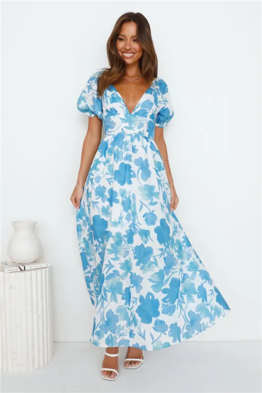 Leaves Falling Maxi Dress Blue sold by Hello Molly