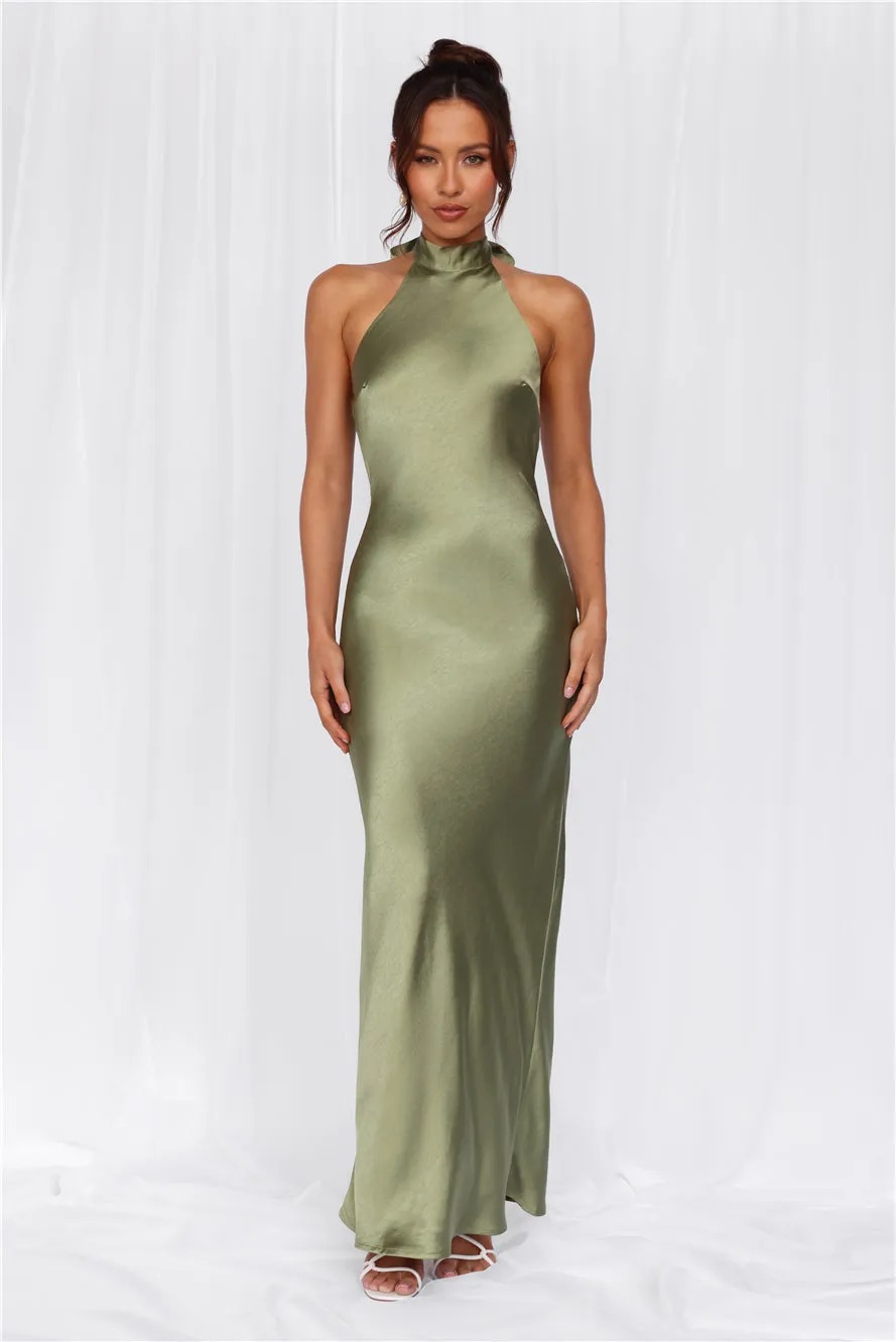 HELLO MOLLY The Cleo Halter Satin Maxi Dress Olive sold by Hello Molly