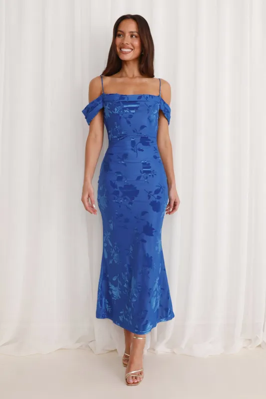 Good Fun Off Shoulder Maxi Dress Blue sold by Hello Molly