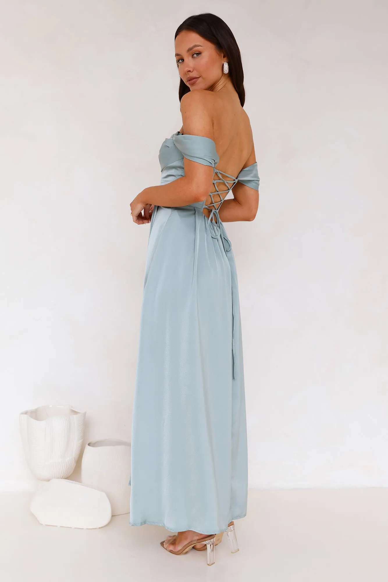 Golden Affair Off Shoulder Satin Maxi Dress Sage sold by Hello Molly product image thumbnail 5
