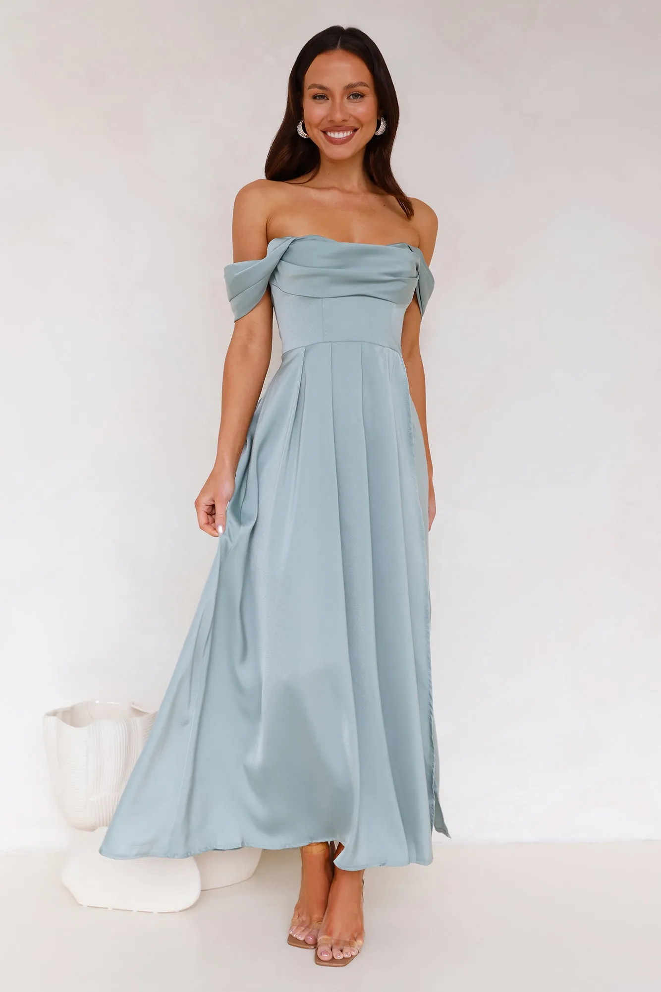 Golden Affair Off Shoulder Satin Maxi Dress Sage sold by Hello Molly product image thumbnail 2