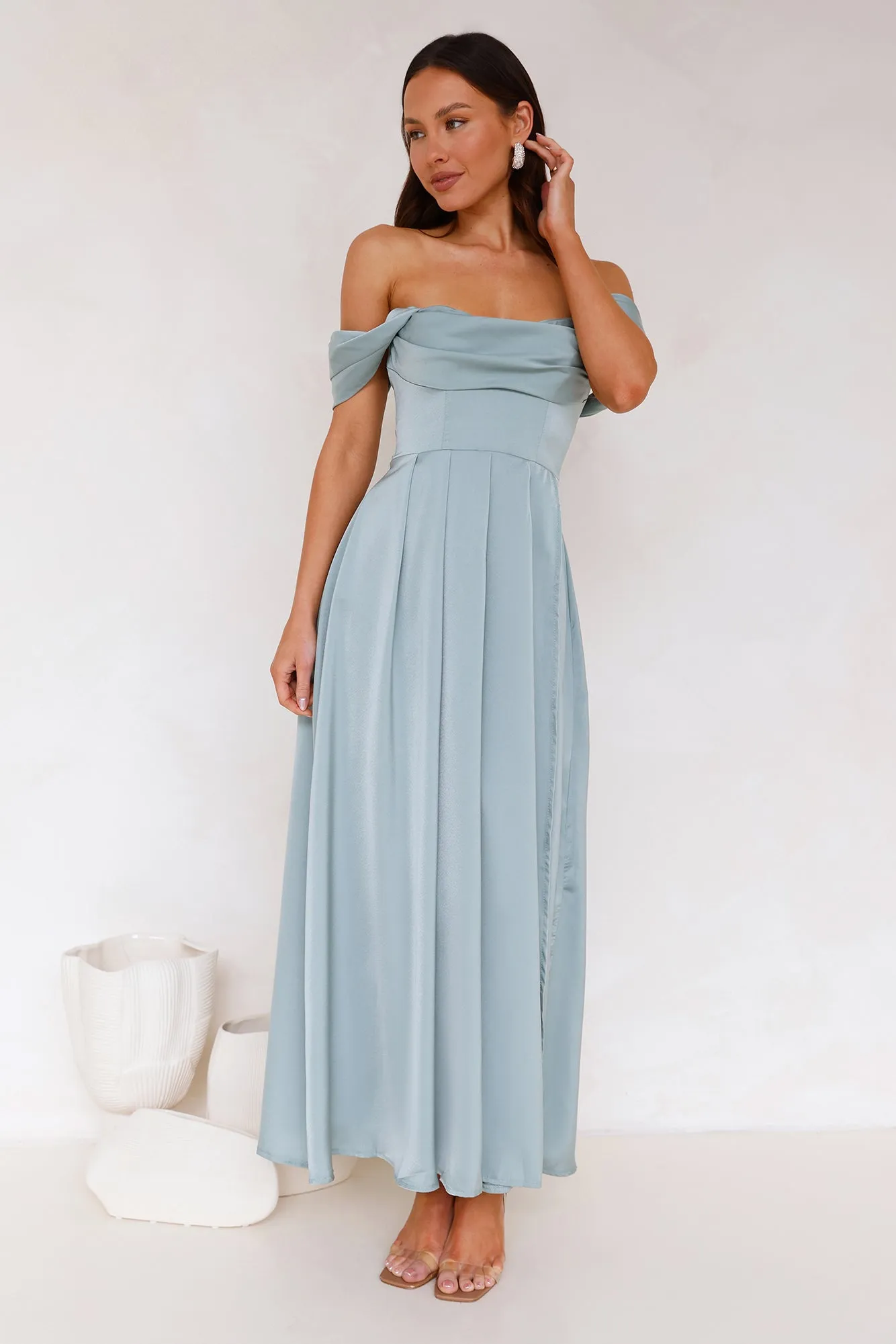 Golden Affair Off Shoulder Satin Maxi Dress Sage sold by Hello Molly product image thumbnail 3