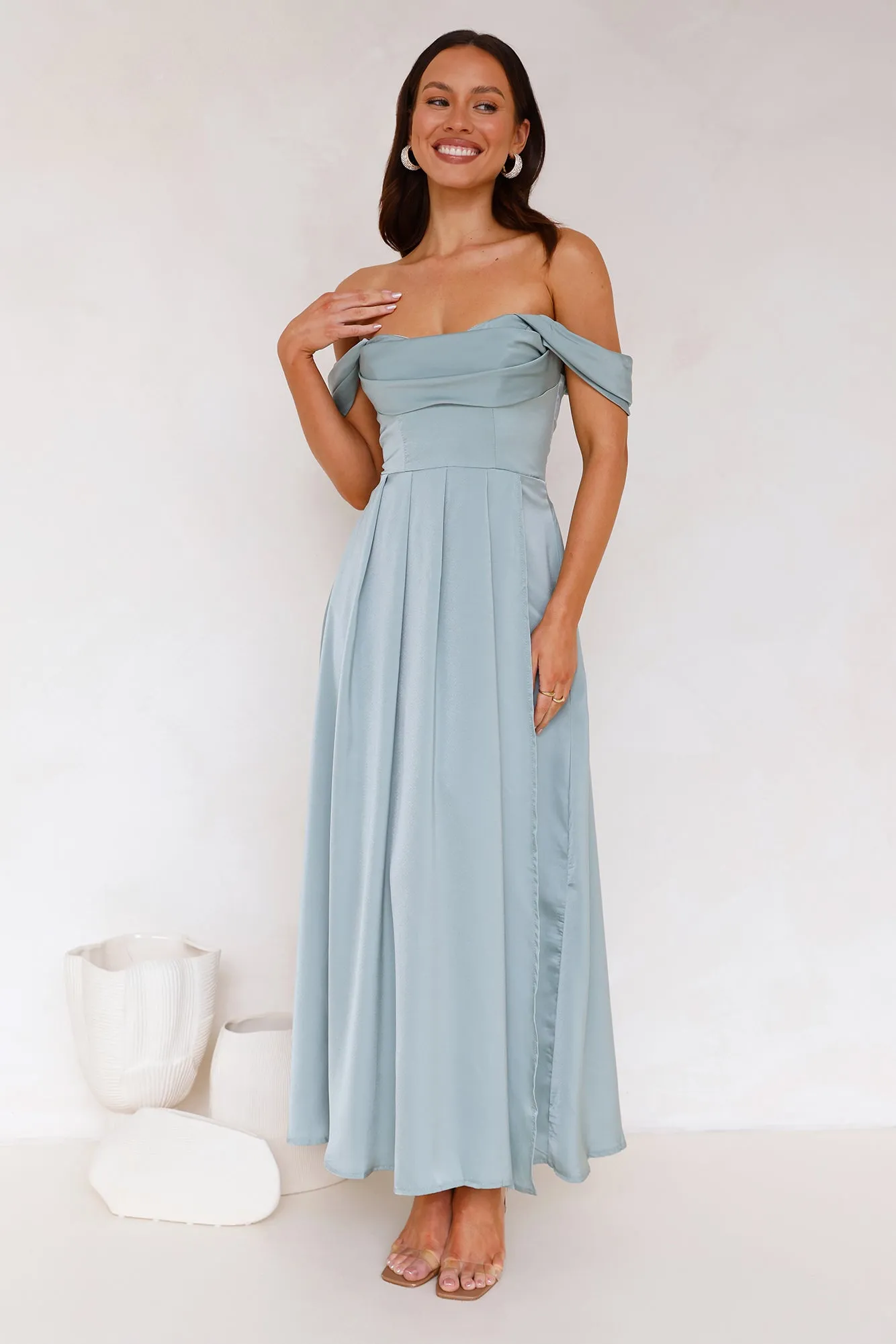 Golden Affair Off Shoulder Satin Maxi Dress Sage sold by Hello Molly product image thumbnail 4