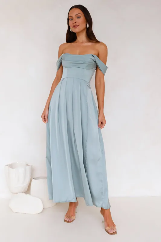 Golden Affair Off Shoulder Satin Maxi Dress Sage sold by Hello Molly