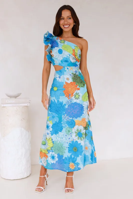 Enchanted Bouquet One Shoulder Midi Dress Blue sold by Hello Molly