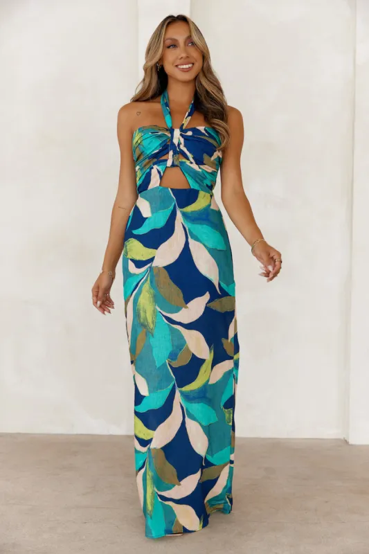 Flower Crown Halter Maxi Dress Navy sold by Hello Molly