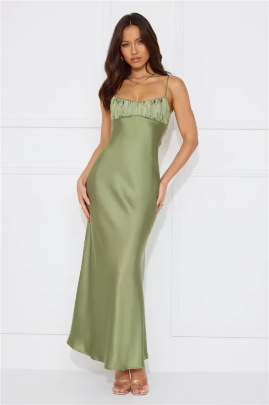Silk Shimmers Satin Maxi Dress Olive sold by Hello Molly