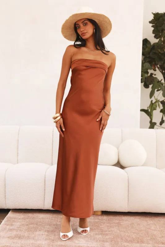 Calling You Satin Maxi Dress Brown sold by Hello Molly