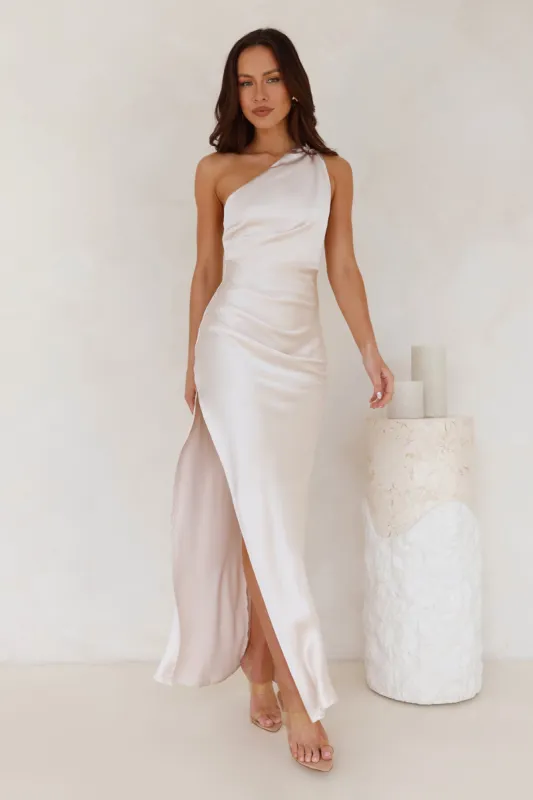 Luxe Charm One Shoulder Satin Maxi Dress Champagne sold by Hello Molly