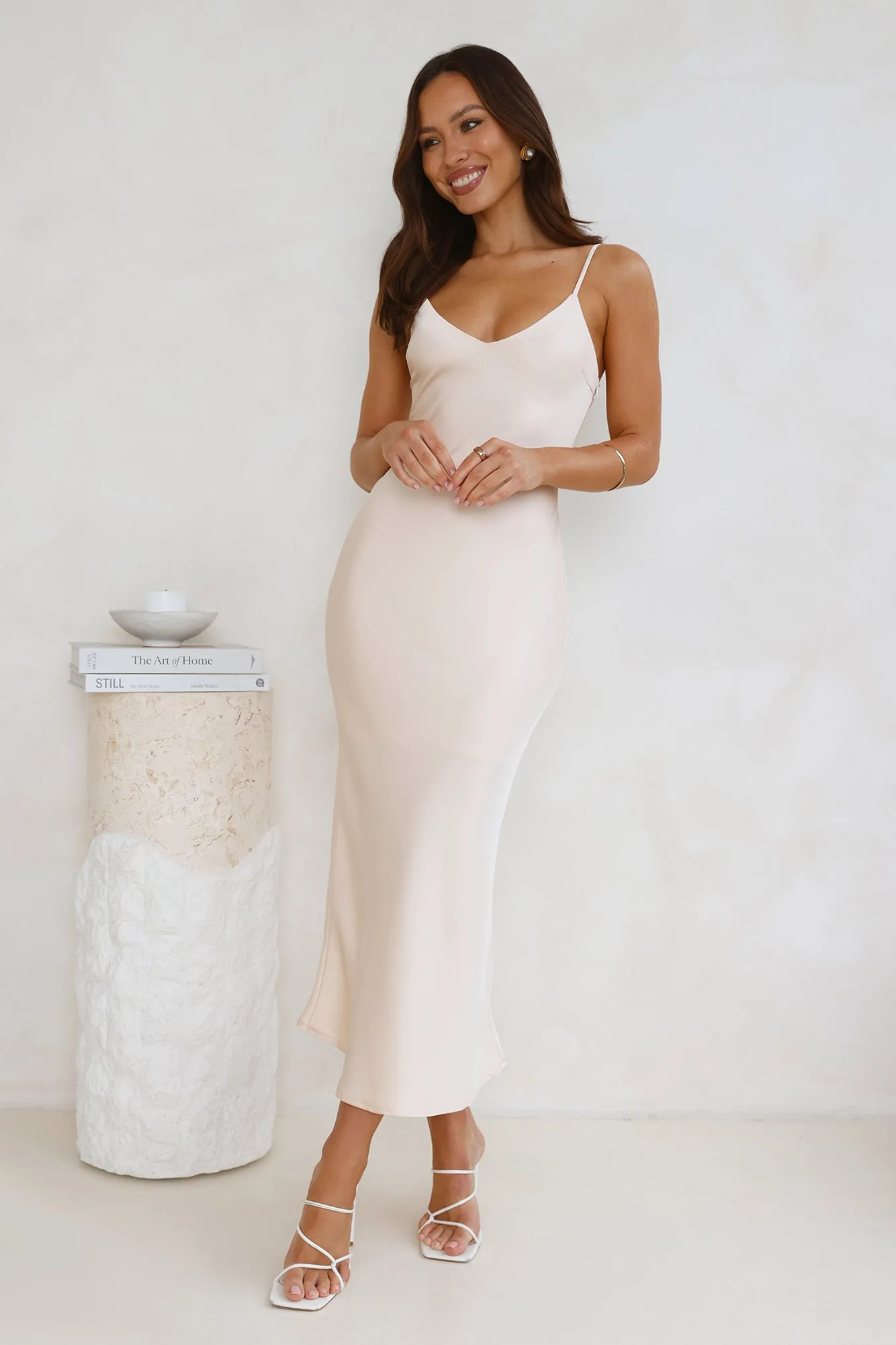 Sophisticated Satin Slip Midi Dress Champagne sold by Hello Molly