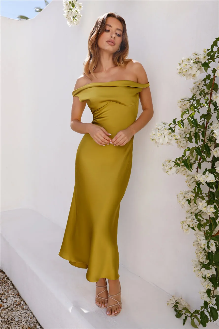 Stylish Season Off Shoulder Satin Midi Dress Olive sold by Hello Molly product image thumbnail 5