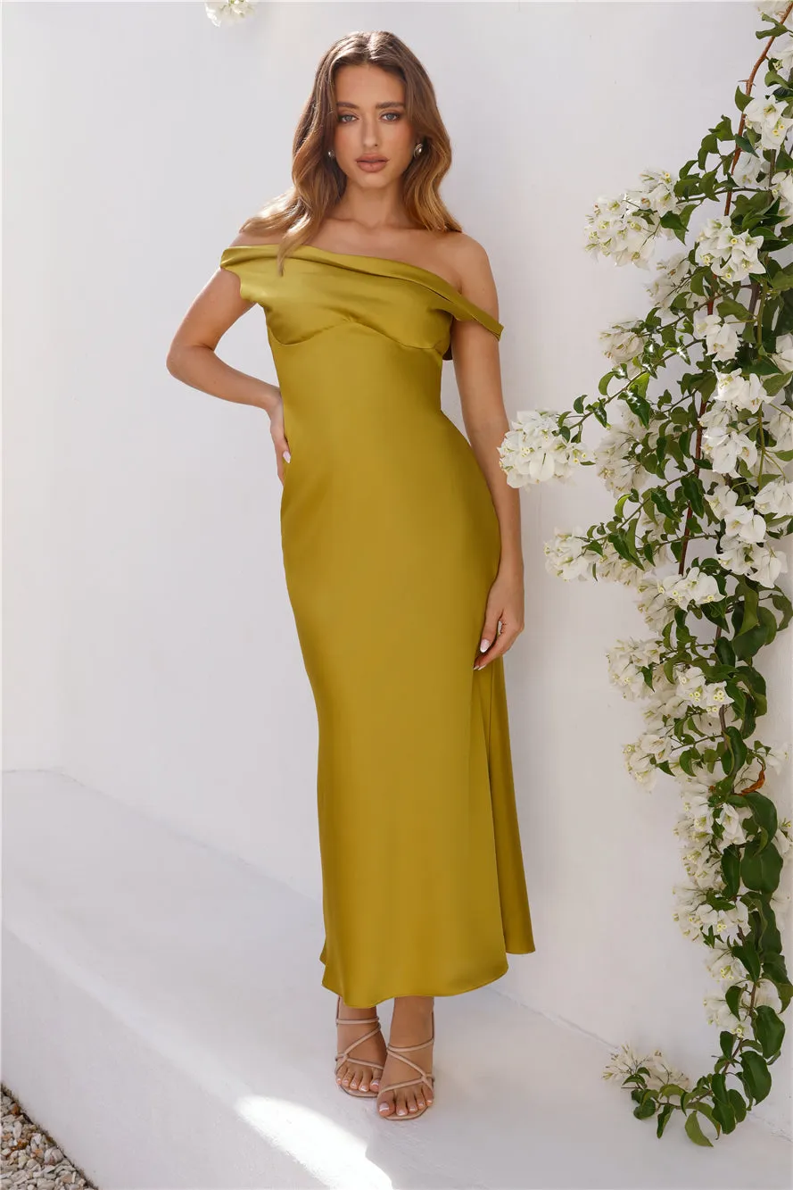 Stylish Season Off Shoulder Satin Midi Dress Olive sold by Hello Molly product image thumbnail 3
