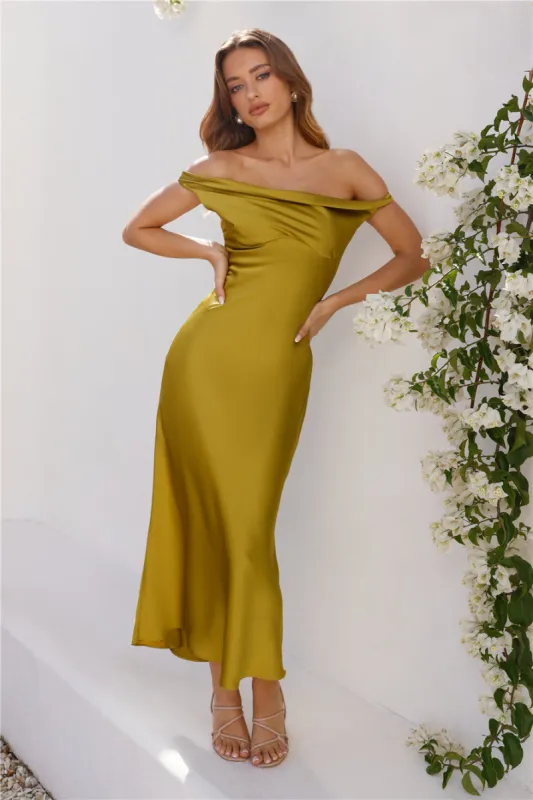 Stylish Season Off Shoulder Satin Midi Dress Olive sold by Hello Molly
