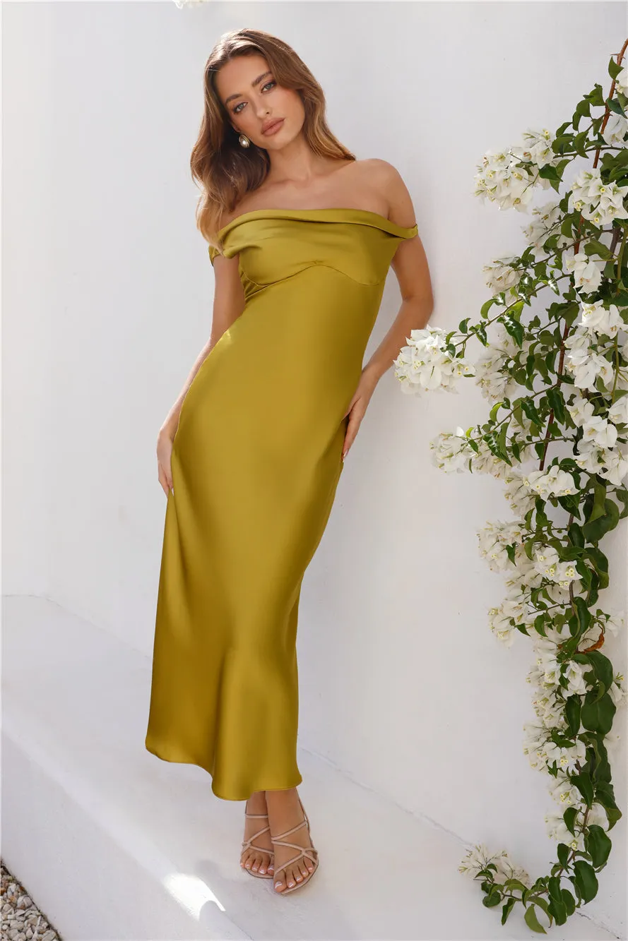 Stylish Season Off Shoulder Satin Midi Dress Olive sold by Hello Molly product image thumbnail 4