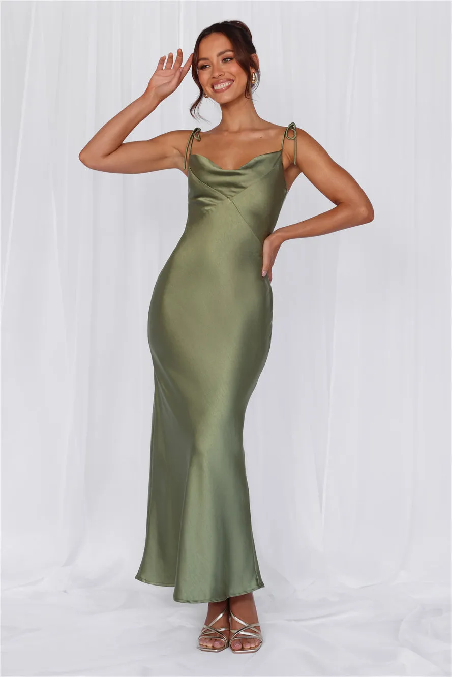 HELLO MOLLY The Penelope Cowl Satin Maxi Dress Olive sold by Hello Molly