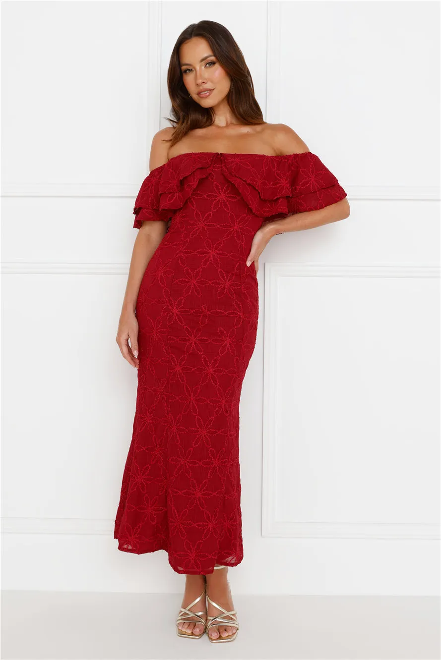 Moment Of Dance Off Shoulder Maxi Dress Red sold by Hello Molly