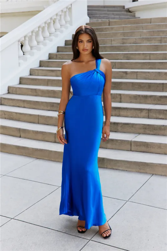 Graceful Elegance One Shoulder Satin Maxi Dress Cobalt sold by Hello Molly