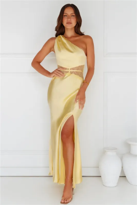 Show You Love One Shoulder Satin Maxi Dress Yellow sold by Hello Molly