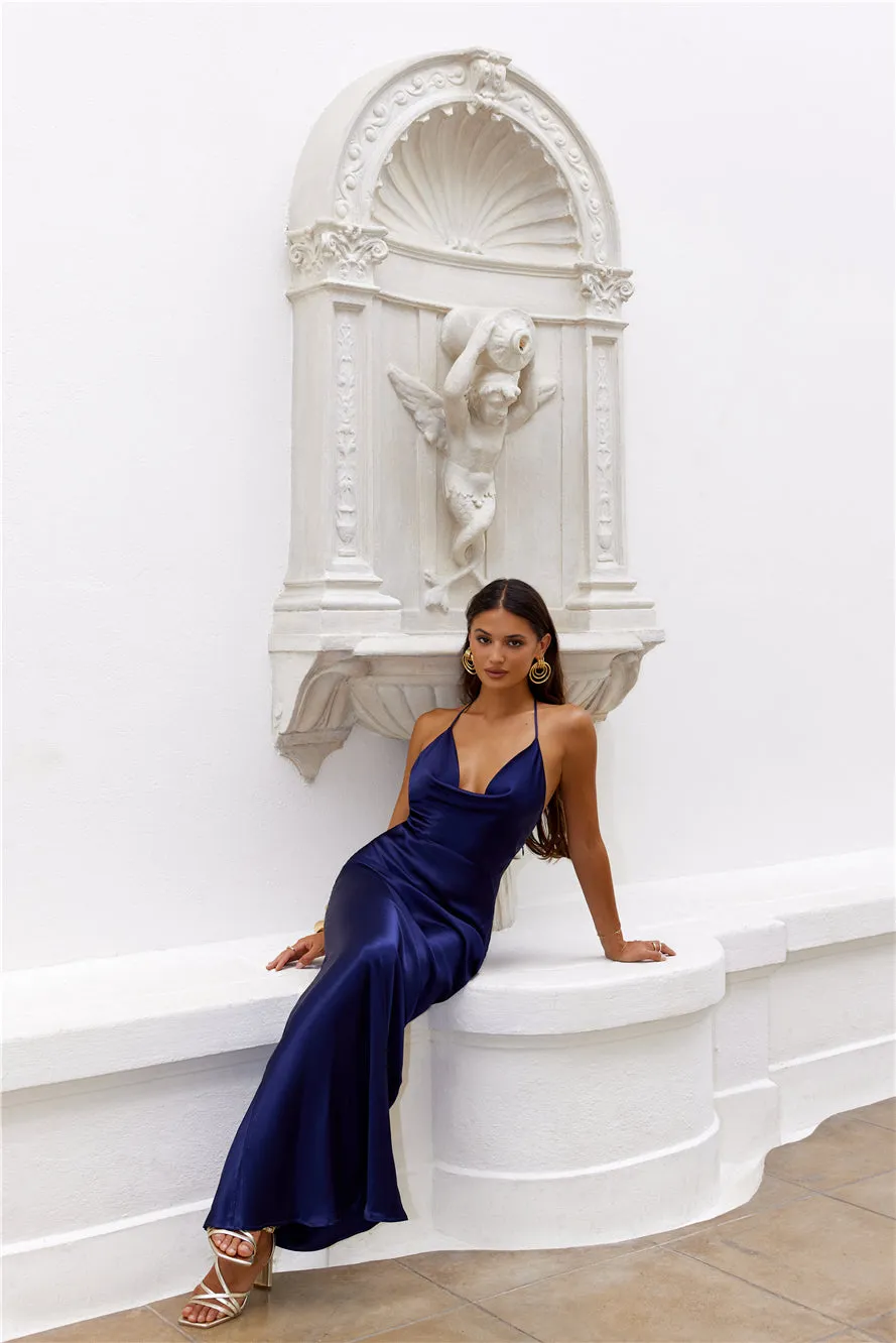 Midsummer Night Halter Satin Maxi Dress Navy sold by Hello Molly product image thumbnail 4