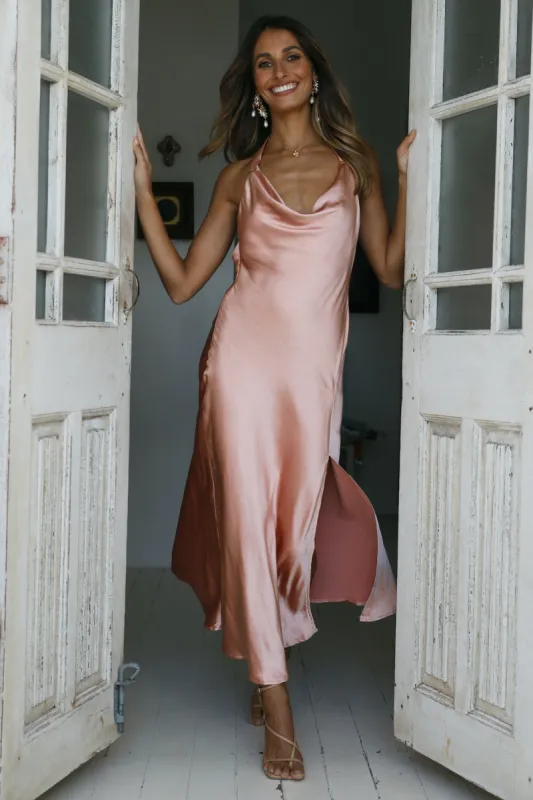 Satin Love Midi Dress Peach sold by Hello Molly