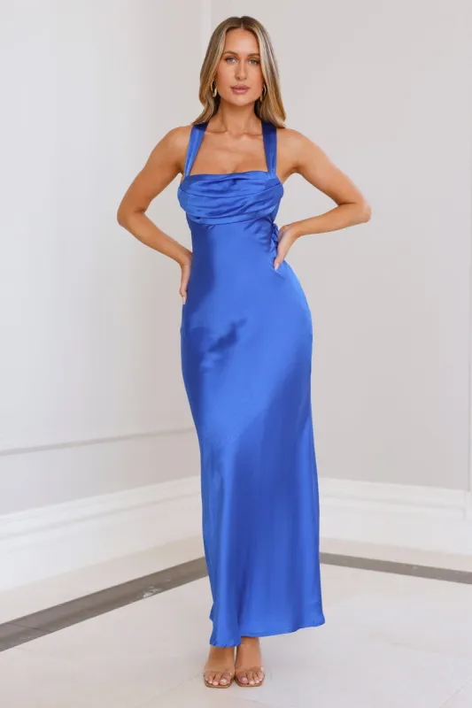 Prestigious Affair Satin Maxi Dress Cobalt sold by Hello Molly