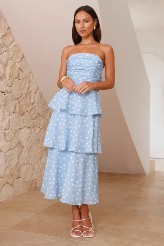 Dotty Delight Strapless Maxi Dress Blue sold by Hello Molly