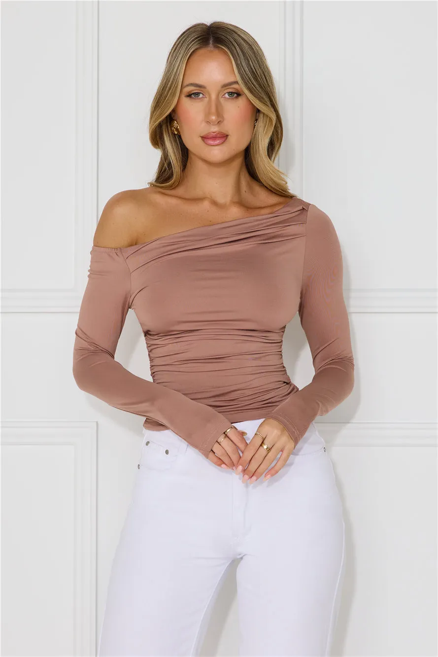 Slinky Feelings Off Shoulder Long Sleeve Top Mocha sold by Hello Molly