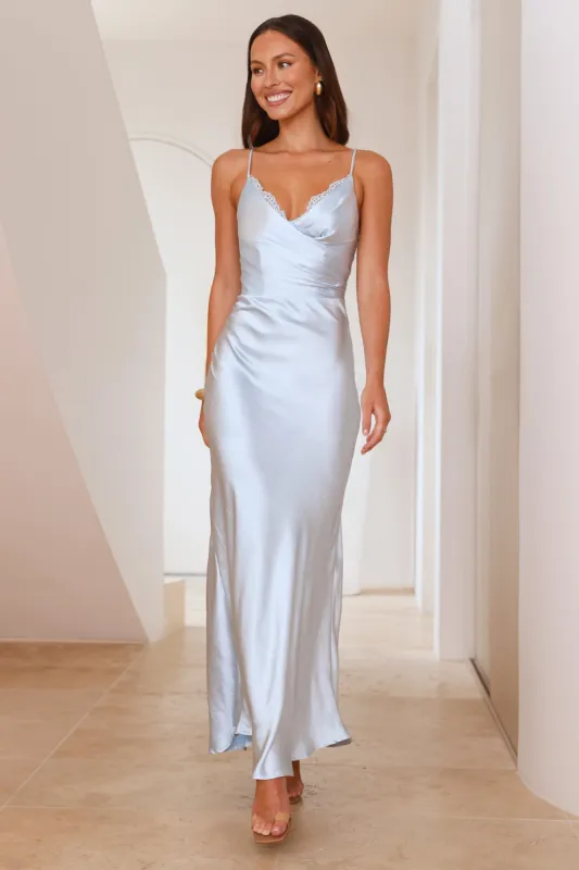 Society Soiree Satin Maxi Dress Blue sold by Hello Molly