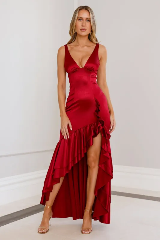 Twilight Luxe Satin Maxi Dress Maroon sold by Hello Molly