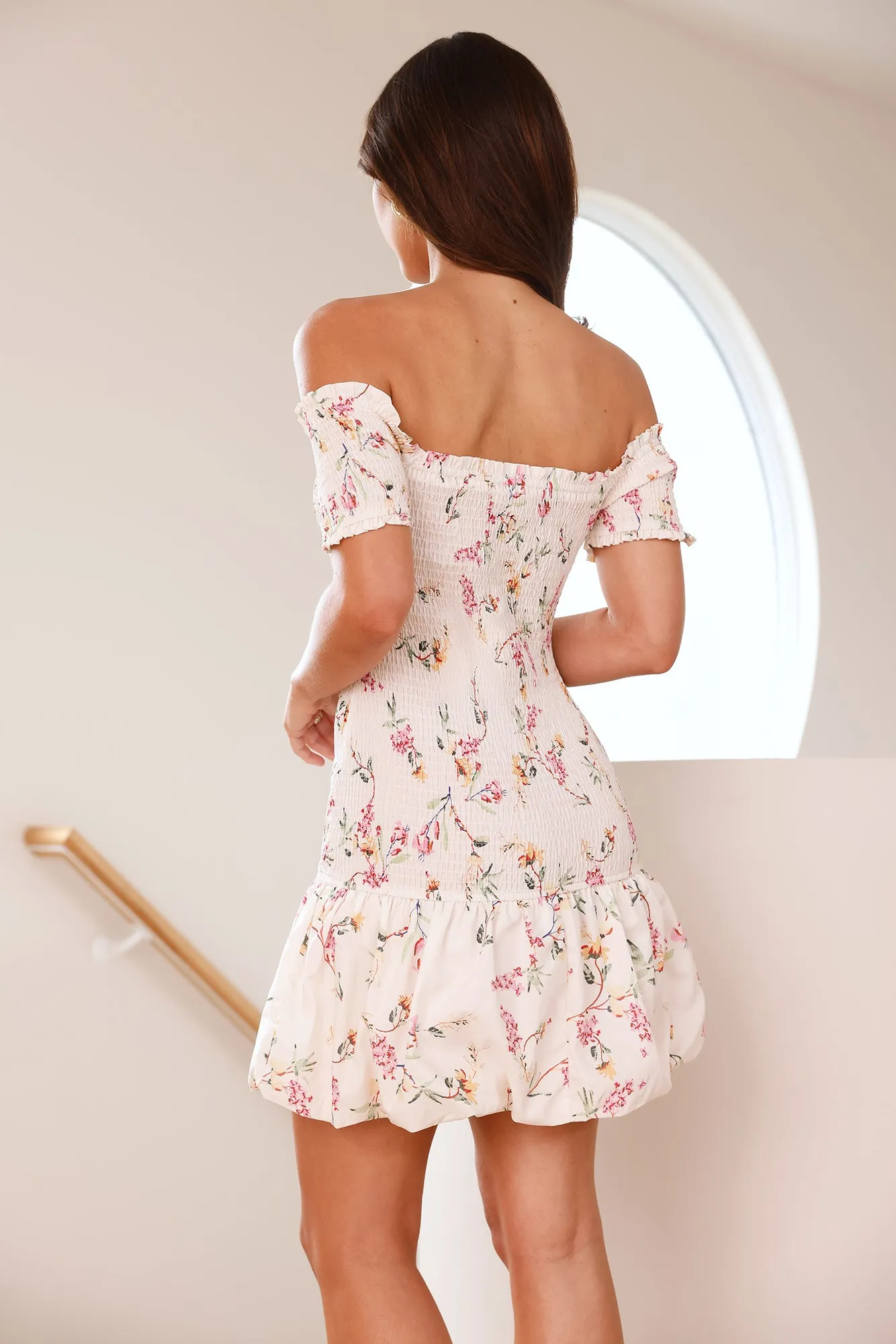 Flowering Grace Off Shoulder Bubble Mini Dress Beige sold by Hello Molly product image thumbnail 5