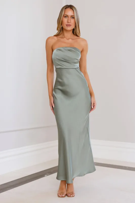 Moonlit Whimsy Satin Strapless Maxi Dress Sage sold by Hello Molly
