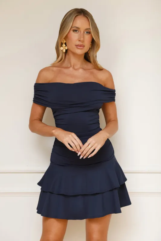 Soulful Off Shoulder Mini Dress Navy sold by Hello Molly