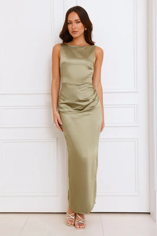 Twilight Affair Satin Maxi Dress Sage sold by Hello Molly