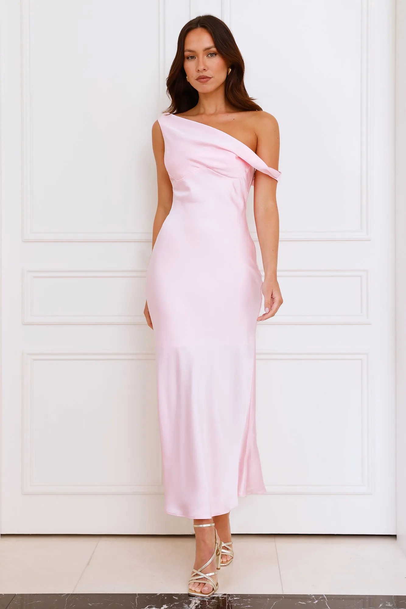Stylish Season Off Shoulder Satin Midi Dress Pink sold by Hello Molly product image thumbnail 3