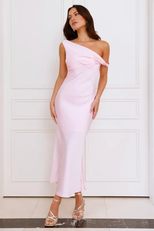 Stylish Season Off Shoulder Satin Midi Dress Pink sold by Hello Molly