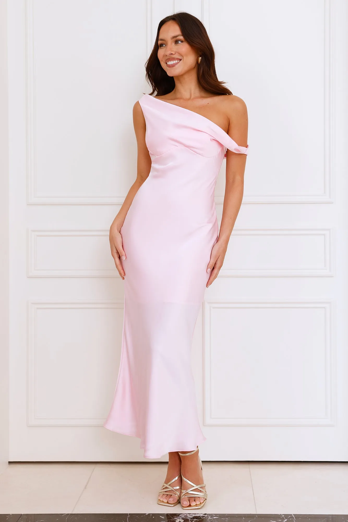 Stylish Season Off Shoulder Satin Midi Dress Pink sold by Hello Molly product image thumbnail 2