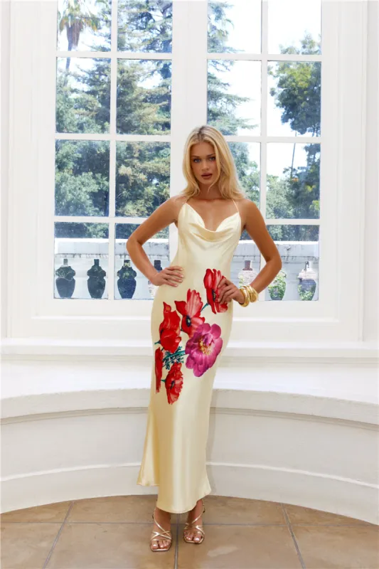 Rebellious Rose Halter Satin Maxi Dress Yellow sold by Hello Molly