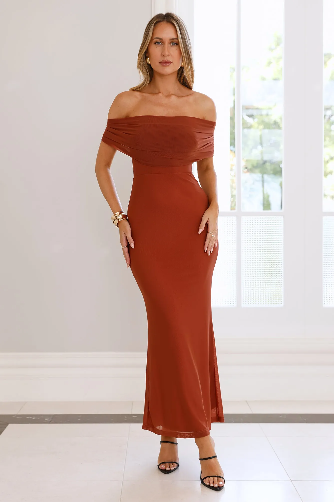 Invited Off Shoulder Mesh Maxi Dress Brown sold by Hello Molly product image thumbnail 2