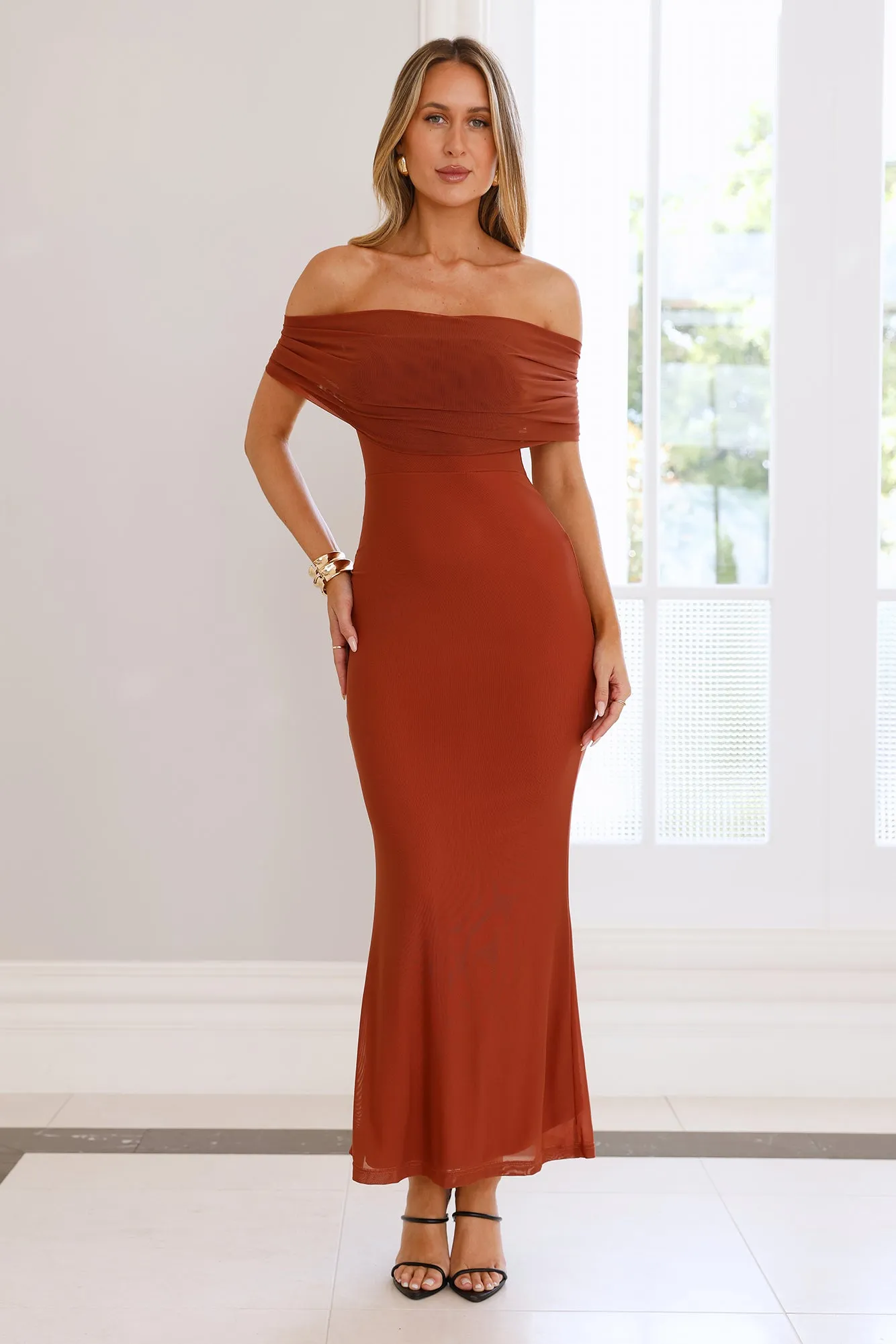 Invited Off Shoulder Mesh Maxi Dress Brown sold by Hello Molly product image thumbnail 4