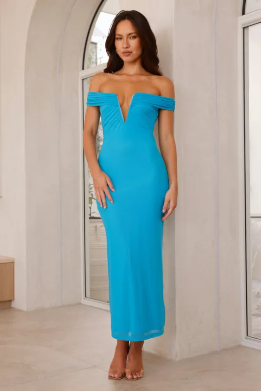 Seductive Shadows Off Shoulder Mesh Maxi Dress Blue sold by Hello Molly