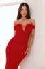 Seductive Shadows Off Shoulder Mesh Maxi Dress Burgundy sold by Hello Molly