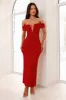 Seductive Shadows Off Shoulder Mesh Maxi Dress Burgundy sold by Hello Molly