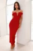 Seductive Shadows Off Shoulder Mesh Maxi Dress Burgundy sold by Hello Molly