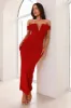 Seductive Shadows Off Shoulder Mesh Maxi Dress Burgundy sold by Hello Molly