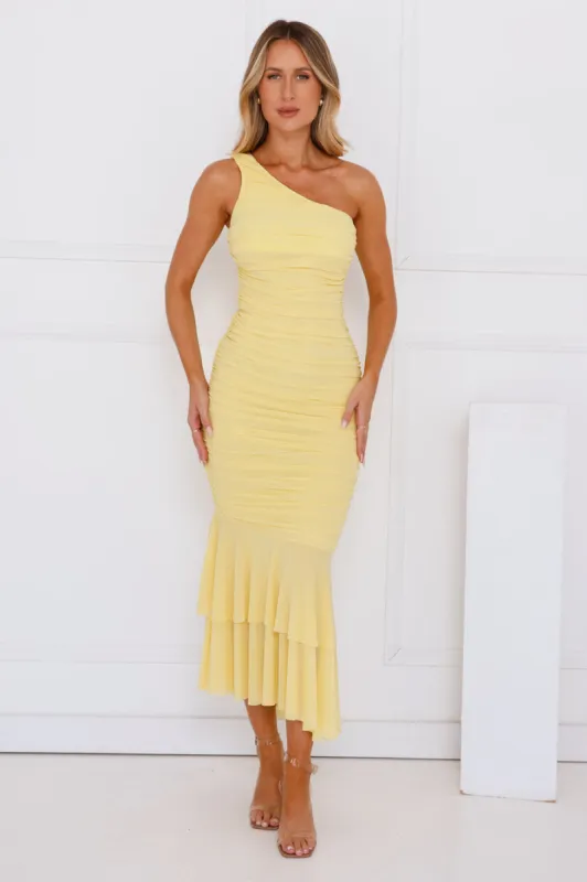 Misty Isles One Shoulder Mesh Maxi Dress Yellow sold by Hello Molly