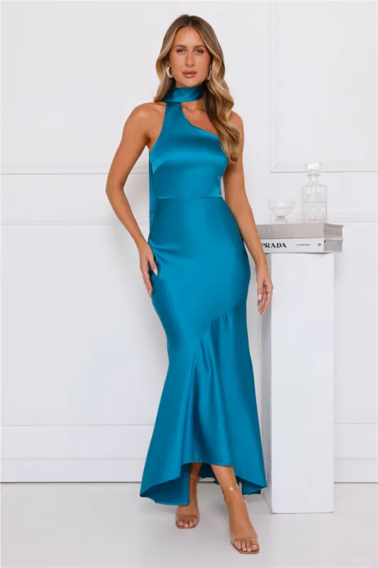 Graceful Influence Satin Halter Maxi Dress Teal sold by Hello Molly