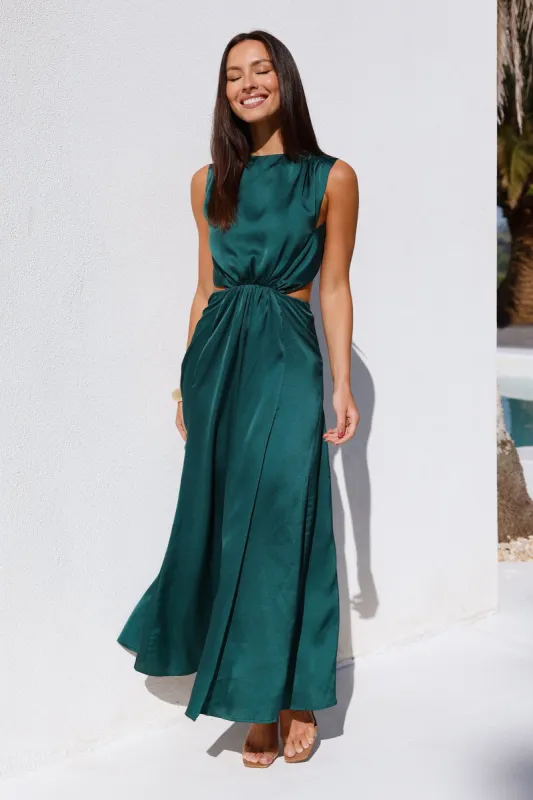 Rendezvous In Paris Satin Midi Dress Green sold by Hello Molly