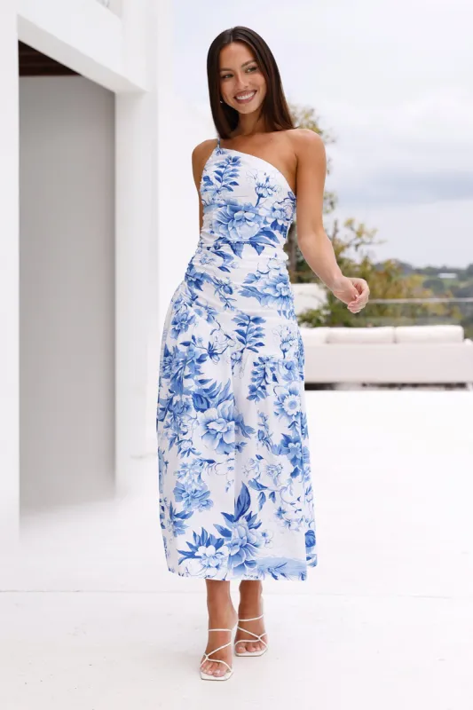 Fleur Enchantée One Shoulder Midi Dress Blue sold by Hello Molly
