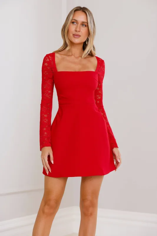 Pure Beauty Lace Long Sleeve Mini Dress Red sold by Hello Molly